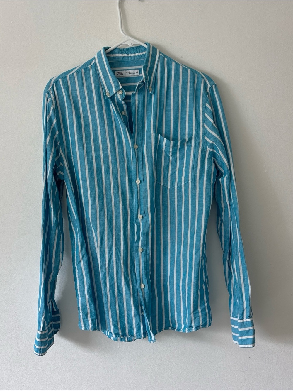 Zara  Blue & White Vertical Stripe Button-Up Shirt linen -cotton blend